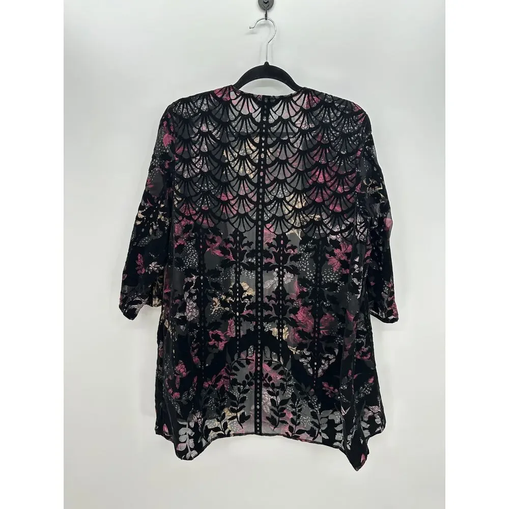 Christopher & Bank Women Black Floral Velvet Burnout Cardigan Size L Half Sleeve